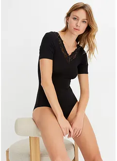 Body med halvlange ermer av modal med blonde, bonprix