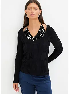 Ribbestrikket topp med glitterstener, bonprix