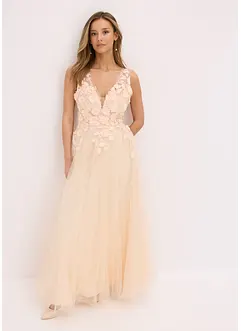 Maxikjole i fin tyll med applikerte blomster, bonprix