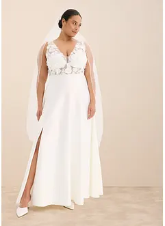 Brudekjole i glinsende sateng med blomsterapplikasjon, bonprix