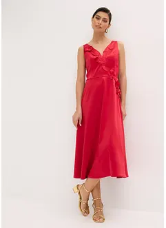 Midikjole i glinsende sateng med blomsterapplikasjon, bonprix