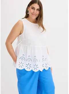 Ermeløs bluse med splitt og hullbroderi, bonprix