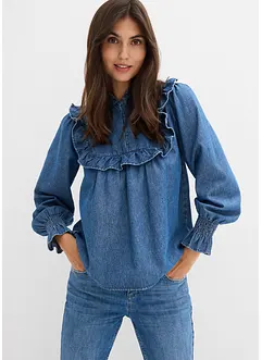 Denimbluse med rysjer, bonprix