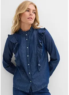 Denimbluse i 100% bomull med volanger, bonprix