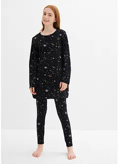 Lang topp og leggings med myk, økologisk bomull og glittertrykk (4-delt sett), bonprix