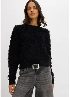 Grovstrikket genser med frynser, bonprix