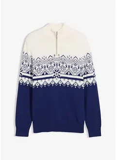 Genser i 100% bomull med kort glidelås og koftemønster, bonprix