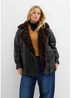 Jakke i imitert skinn med leopardmønstret fuskepels, bonprix