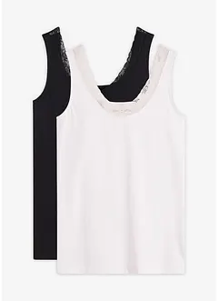 Singlet med økologisk bomull og blonder (2-pack), bonprix