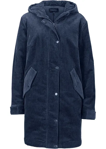 Varm cord-parkas med teddyfôr i hetten, i A-fasong