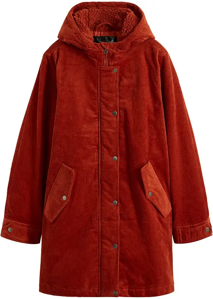 Varm cord-parkas med teddyfôr i hetten, i A-fasong