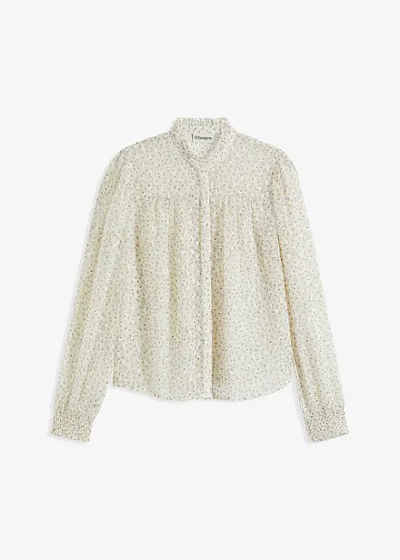 Mønstret chiffonbluse med rysjer