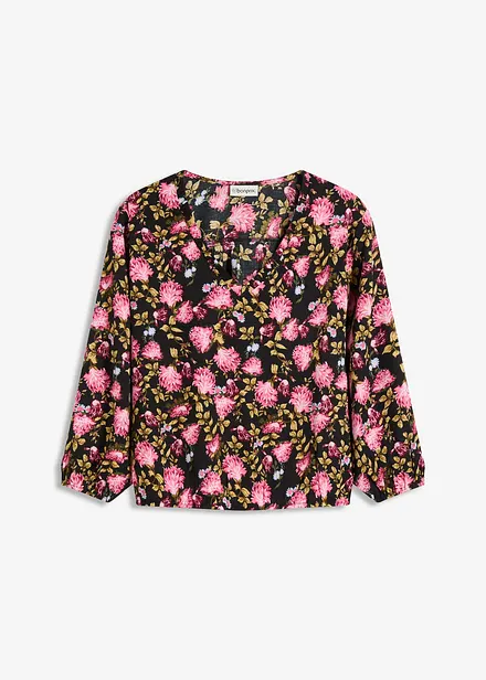 Chiffonbluse med blomsterprint og rynking i falden