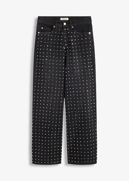 Straight-jeans Mid Waist med strass, Loose Fit