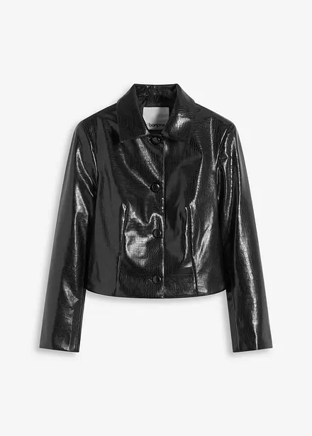 Kort jakke i imitert skinn med glossy, preget krokodillem&oslash;nster