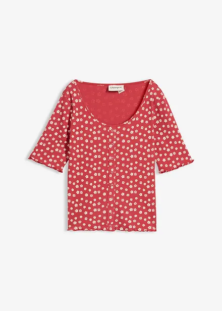 Ribbet topp med blomsterm&oslash;nster, kortermet