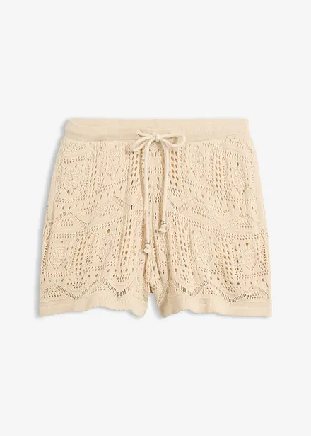 Strikket shorts i bomullsmiks med hullm&oslash;nster
