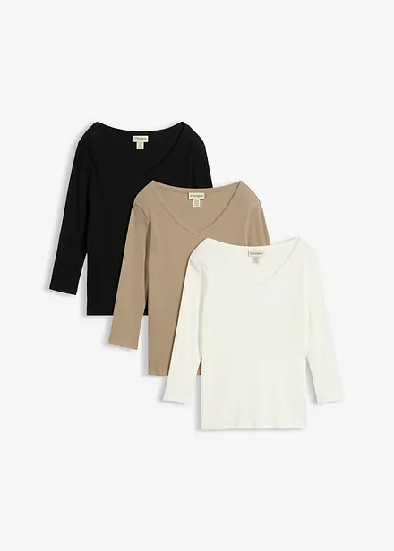 Ribbet topp i 100% &oslash;kologisk bomull med 3/4-lange ermer (3-pack)