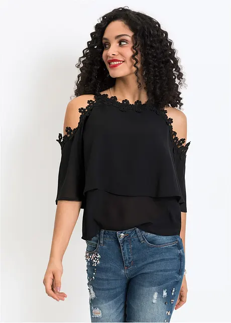Cold-shoulder-bluse med blonde, BODYFLIRT