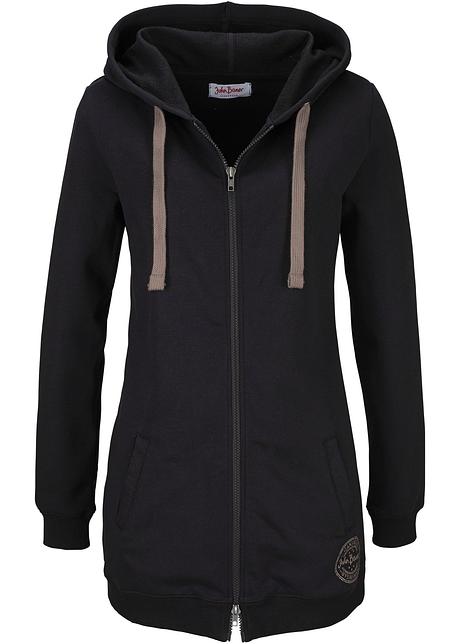 Avslappet basic sweatjakke med hette og dekorativt trykk sort Avslappet basic sweatjakke med hette og dekorativt trykk