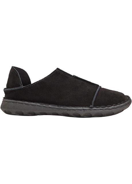 Moderne slippers i skinn i raffinert form sort I skinnimitasjon med raffinert og profilert yttersåle. sort