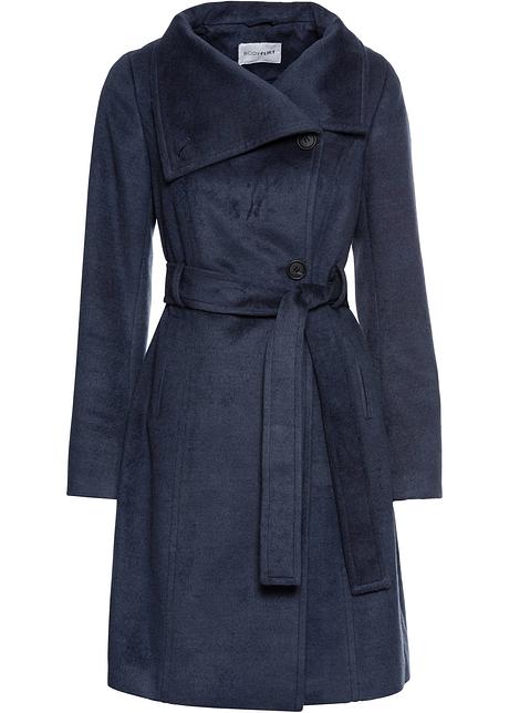 Elegant kåpe med belte og stikklommer i sidene mørkblå Elegant kåpe med belte og stikklommer i sidene camel