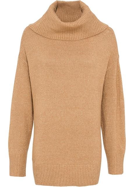 Flott oversized genser med paljetter og vid krage camel melert Oversized genser