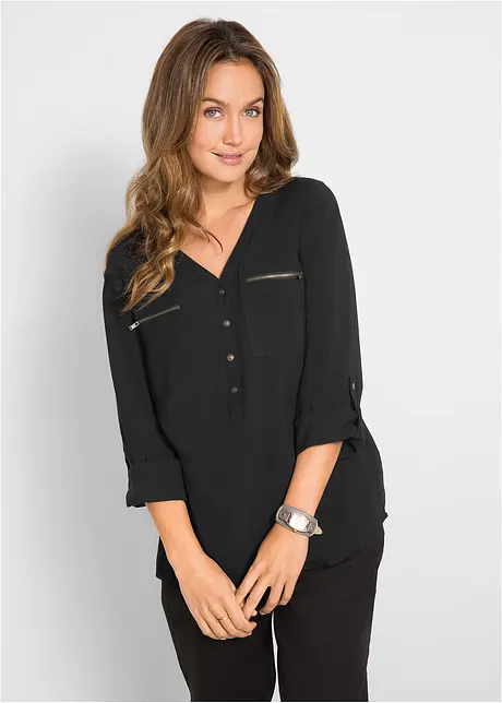 Viskosebluse med V-hals, lange ermer, bonprix