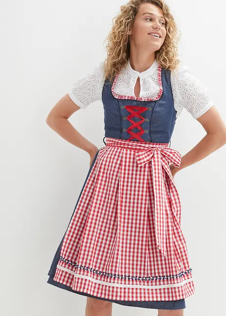 Dirndl med jeans-look og forkle, knelang (2-delt sett), bonprix