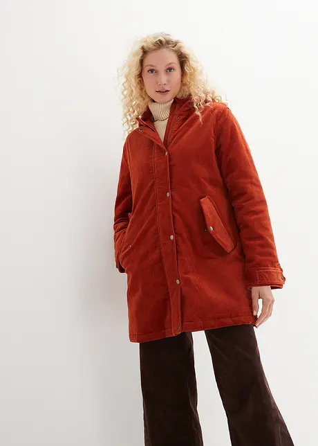 Varm cord-parkas med teddyfôr i hetten, i A-fasong, bonprix