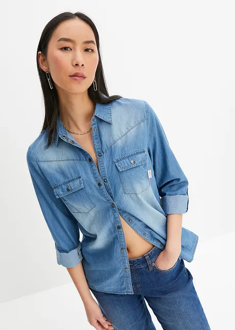 Jeansbluse med trykknapper, lang arm, bonprix