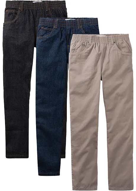 Regular Fit-pull on-bukse i ren bomull, Straight (3-pk), bonprix