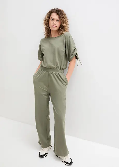 Trikot-jumpsuit med rynking på ermene og vide ben, bonprix