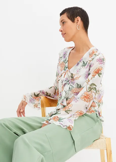 Bluse med print og volanger, bonprix