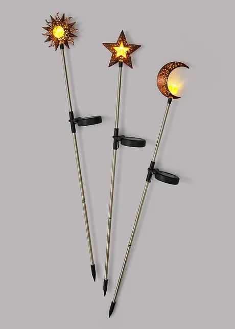 Solcelledrevet hagedekor sol, måne, stjerner (3-delt sett), bonprix