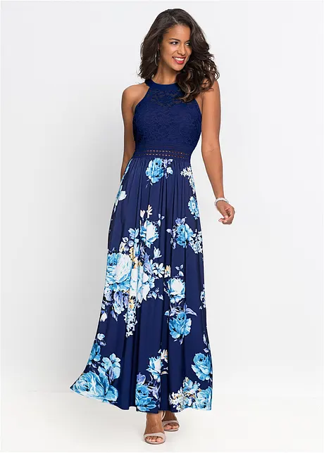 Maxikjole med blomsterprint og blonde, bonprix