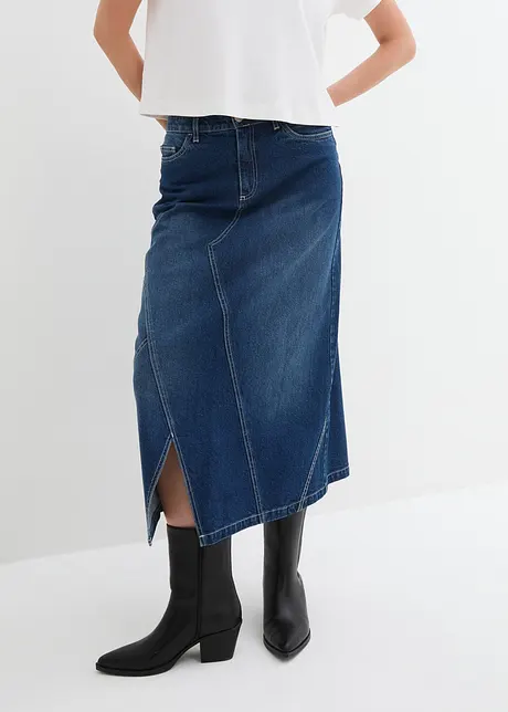 Jeansskjørt med stretch, asymmetrisk, bonprix