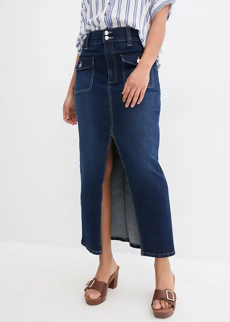 Jeansskjørt med stretch, langt, bonprix