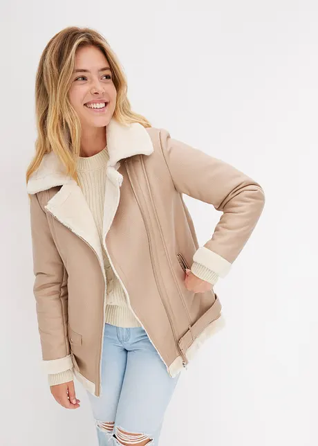 Lang Shearling-jakke med fuskepels, bonprix