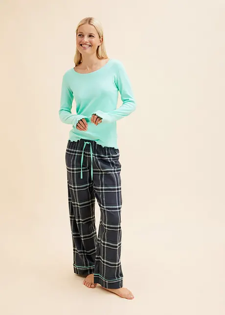 Pyjamas med ribbet topp og flanellbukse, bonprix