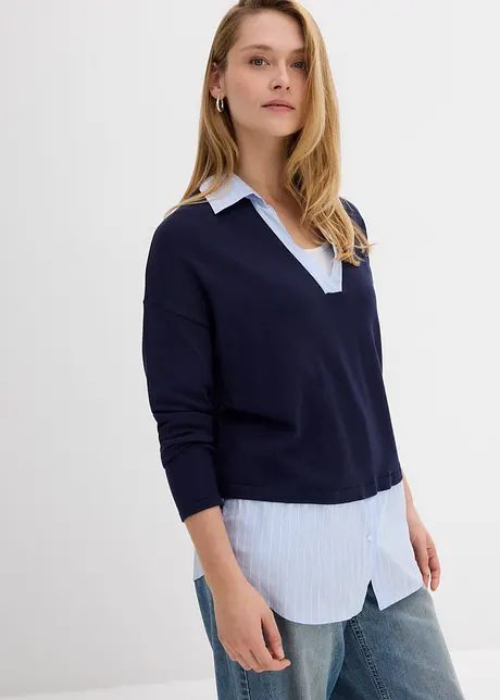 Finstrikket genser med bluse-innfelling, bonprix