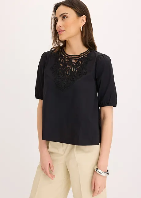 Kortermet bluse med blonder, bonprix