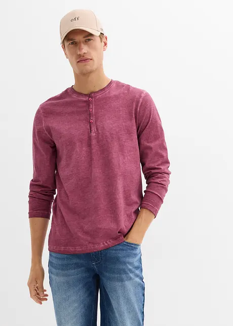 Henley T-skjorte, langermet i vasket stil av 100% økologisk bomull, bonprix