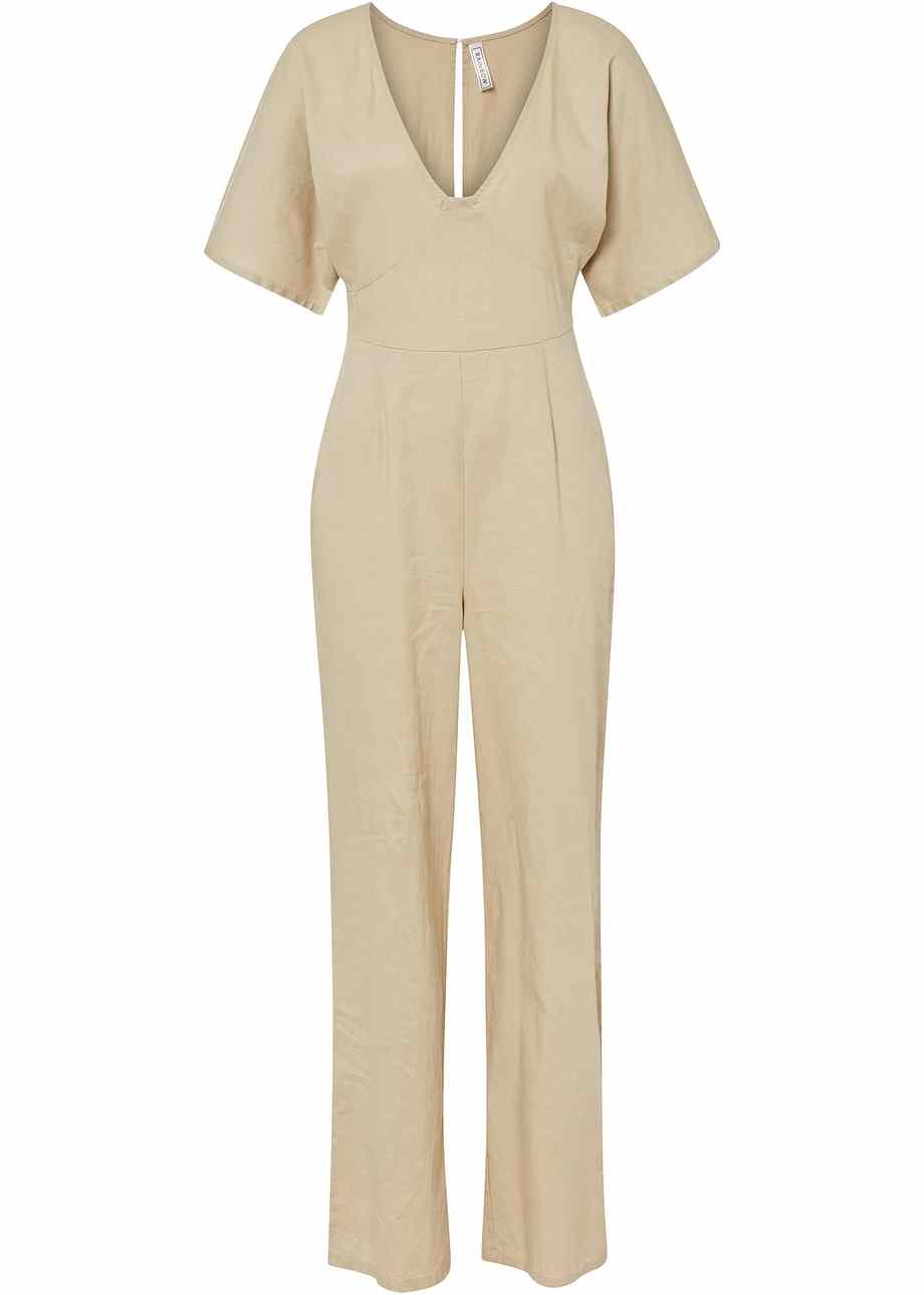 Jumpsuit med lin og dyp Vutringning sand