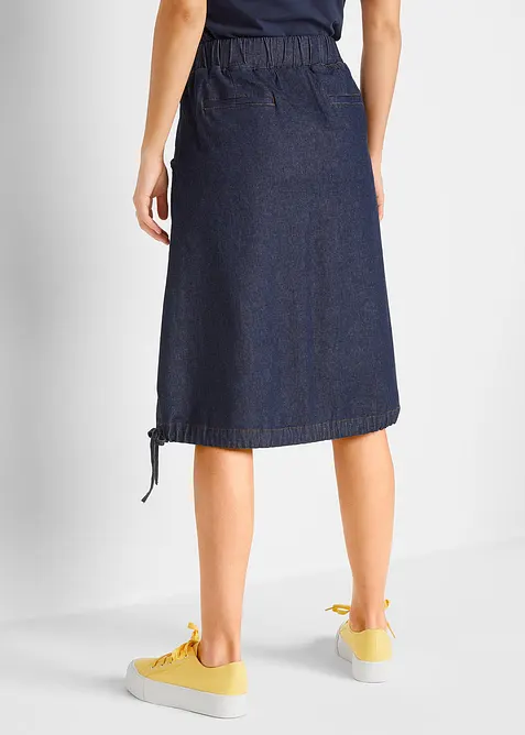 Stretchy jeansskj&oslash;rt med biser, sn&oslash;ring og elastikk p&aring; linningen, bonprix