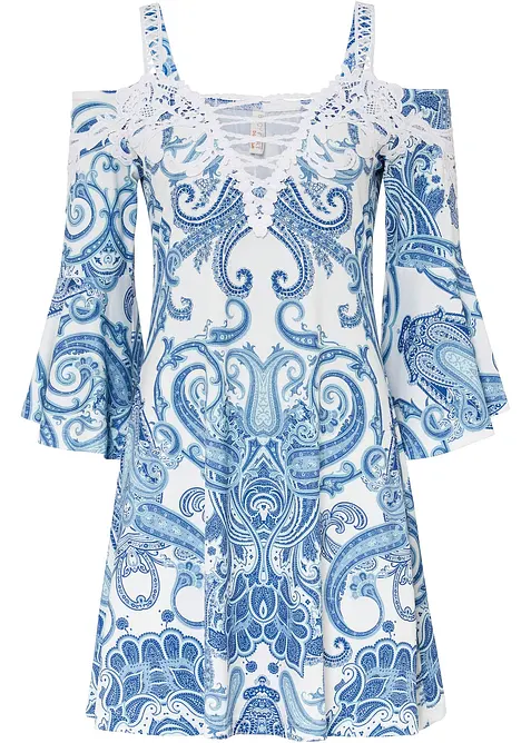 Off shoulder-kjole i utskrådd modell, bonprix