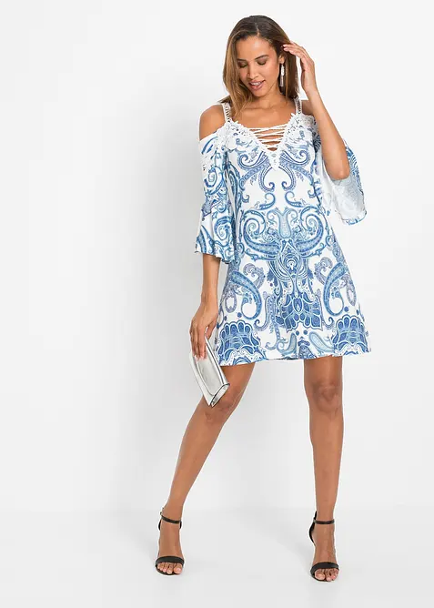 Off shoulder-kjole i utskrådd modell, bonprix