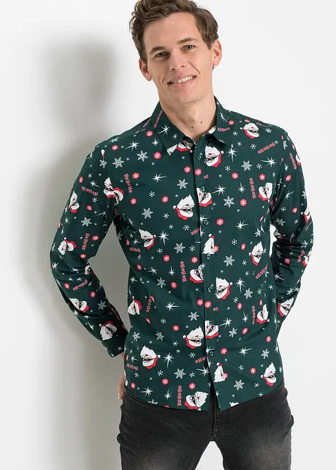 Langermet skjorte i 100% bomull med juleprint, Slim Fit, bonprix