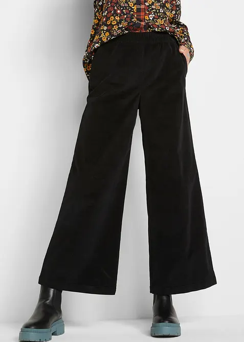 High waist kordfl&oslash;yelsbukse i bomullsmiks, bonprix