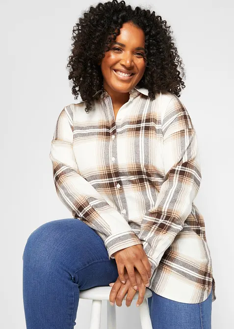 Lang skjortebluse av flanell i ren bomull, bonprix